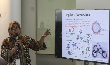 Konsultan Virologi RSUI Dr Fera Ibrahim memberikan pemaparan saat sosialisasi perkembangan virus corona di Rumah Sakit Universitas Indonesia, Depok, Jawa Barat, Selasa (4/2/2020).