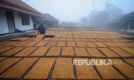 Petani mengeringkan tembakau di Kampung Tembakau, Kecamatan Sukasari, Kabupaten Sumedang, Jawa Barat, Rabu (5/2/2020). 