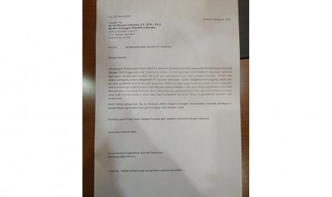 Isi surat nasabah Jiwasraya yang tergabung dalam Forum Korban Jiwasraya kepada Menteri Keuangan Sri Mulyani. Surat ini berisikan permohonan pertanggungjawaban kepada Kementerian Keuangan (Kemenkeu) untuk menuntaskan masalah pembayaran penegmbalian dana polis nasabah yang tertunggak sejak Oktober 2018. Surat ini diserahkan kepada Kemenkeu, Selasa (6/2)