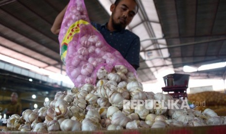 Pedagang menumpukan bawang putih impor dari China. ilustrasi