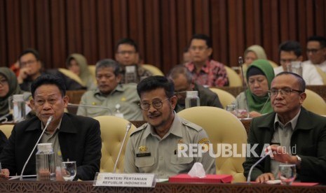 Menteri Pertanian (Mentan) Syahrul Yasin Limpo (tengah) mengikuti rapat dengar pendapat (RDP) dengan Komisi IV DPR di komplek Parlemen, Jakarta, Senin (17/2/2020).