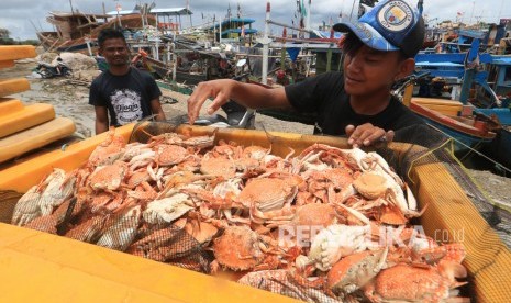 Nelayan mengumpulkan rajungan hasil tangkapan di Karangsong, Indramayu, Jawa Barat, Selasa (18/2/2020).