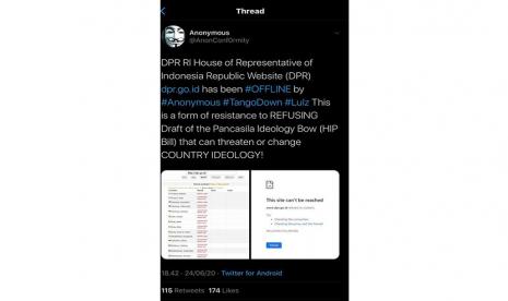 Tangkapan layar akun twitter @anonconf0rmity yang mengklaim meretas laman resmi DPR.