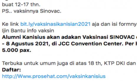 Tangkapan layar pesan berantai mengenai pendaftaran vaksinasi anak oleh Kolese Kanisius.