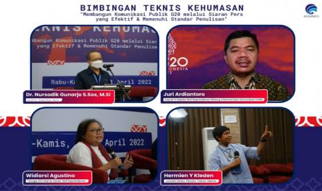 Bimbingan Teknis Kehumasan bertajuk “Membangun komunikasi publik G20 melalui siaran pers yang efektif dan memenuhi standar penulisan”, di Tangerang Selatan, Rabu (20/4/2022).