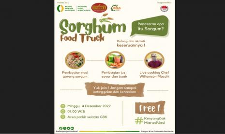 Badan Pangan Nasional/National Food Agency (NFA) bersama Kantor Staf Presiden (KSP), serta didukung oleh Indonesian Chef Association (ICA), dan Sorgum Indonesia akan menggelar kegiatan Food Truck Sorghum, yang dimulai, pada Ahad (4/12/2022), di Car Free Day (CFD) Parkir Selatan, Kawasan Gelora Bung Karno, Jakarta.