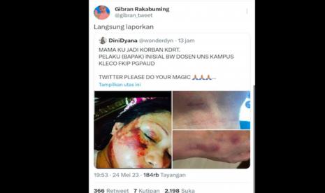 Tangkapan layar pengaduan akun @dinidyana ke akun Gibran Rakabuming tentang KDRT dosen di kampus UNS. Walkot Gibran sebut pengennya laporan KDRT tidak dicabut khawatir ada intimidasi.