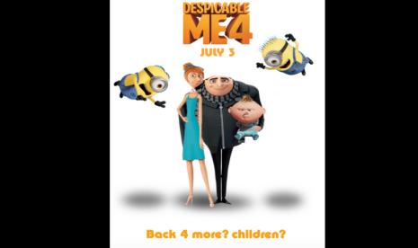 Poster film Despicable Me 4. Di film ini, Gru dan Lucy telah memiliki anak bernama Gru Jr.