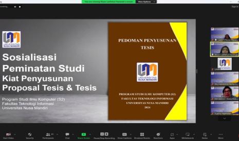 Program Studi (prodi) Ilmu Komputer (S2) Fakultas Teknologi Informatika (FTI) Universitas Nusa Mandiri (UNM), sukses mengadakan kegiatan “Sosialisasi Peminatan Studi, Kiat Penyusunan Proposal Tesis Dan Tesis Bagi Mahasiswa Prodi Ilmu Komputer” pada Rabu 7 Februari 2024 secara daring. 