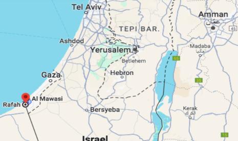 Peta wilayah Rafah dan Al Mawasi (kiri bawah). Israel mengusir paksa rakyat Palestina di Rafah dan mendesak mereka untuk mengungsi ke Al Muwasi.