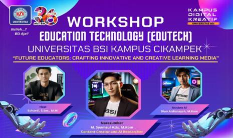 Universitas BSI (Bina Sarana Informatika) Kampus Cikampek dengan bangga mempersembahkan Workshop Edutech (Education Technology) bertajuk ‘Future Education: Crafting Innovative and Creative Learning Media’ pada Jumat (31/5/2024) dari pukul 08.00 hingga 11.30 WIB di Aula Universitas BSI Kampus Cikampek mendatang.