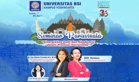 Prodi Pariwisata Universitas BSI (Bina Sarana Informatika) Kampus Yogyakarta dengan bangga mengumumkan acara besar-besaran, yakni Saresehan dan TalkShow Pariwisata bertajuk ‘Sinergitas DuDi dan Akademisi Dalam Promosi Pariwisata’ yang akan digelar pada Rabu 3 Juli 2024 mendatang di Wisma BSI Yogyakarta mulai pukul 09.00 pagi sampai selesai.