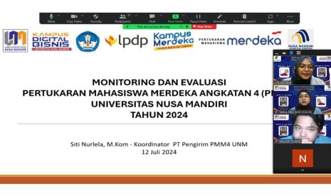 Universitas Nusa Mandiri (UNM) kembali menunjukkan komitmennya dalam mendukung program Merdeka Belajar Kampus Merdeka (MBKM) dengan sukses menggelar acara Monitoring dan Evaluasi Pertukaran Mahasiswa Merdeka Angkatan 4 (PMM4).