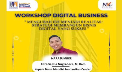 Nusa Mandiri Innovation Center (NIC) akan menggelar kembali Workshop Digital Bisnis pada Sabtu, 14 September 2024, pukul 09.00-12.00 WIB di Universitas Nusa Mandiri, Tower Jatiwaringin.