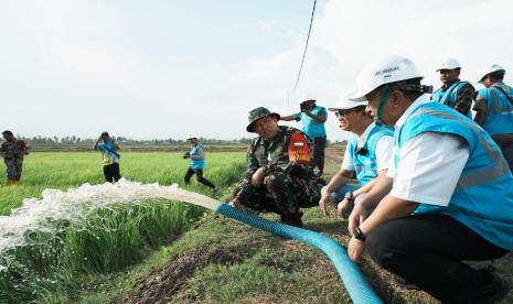 Direktur Distribusi PLN, Adi Priyanto (tengah) bersama General Manager PLN Unit Induk Wilayah Papua dan Papua Barat, Rizky Mochamad (kanan), dan Komandan Satuan Tugas Pertahanan Pangan Kementerian Pertanian RI, Mayjen TNI Ahmad Rizal Ramdhani (kiri), melakukan pengecekan debit air dari pompa air yang dialiri listrik PLN melalui program Electrifying Agriculture di Kampung Telaga Sari, Merauke (9/10/2024).