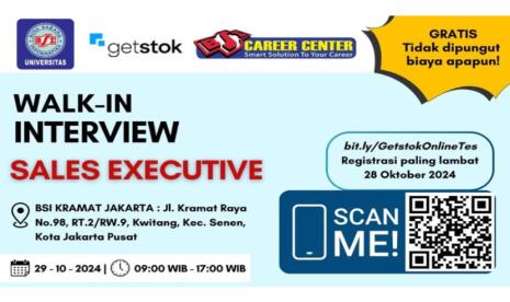 Universitas BSI (Bina Sarana Informatika) melalui BSI Career Center (BCC) bekerja sama dengan GetStok (PT Unggul Adi Jaya) bakal mengadakan Campus Recruitment pada Selasa, 29 Oktober 2024.