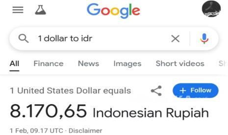 Tangkapan layar 1 dolar AS sebesar Rp 8.170,65.