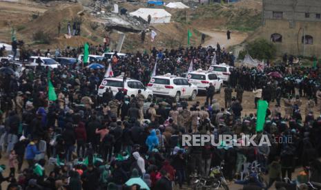 Brigade Izzuddin al Qassam berkumpul di Gaza Palestina.