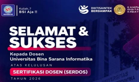 Sebanyak 68 dosen Universitas Bina Sarana Informatika (UBSI) dinyatakan lulus Sertifikasi Dosen (Serdos) Tahun 2026.