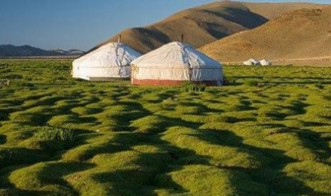 A beatiful vew of Mongolia yurt in the grass land.