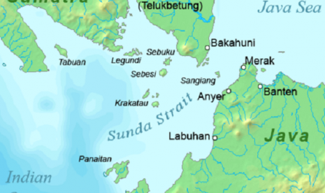 A bridge will connect Java island with Sumatra, while some foreign investors from China, Japan, and US show their  interests to involve in the project (map of Sunda Strait)  