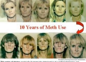 A campaign poster shows scary pictures of some meth users. (illustration)