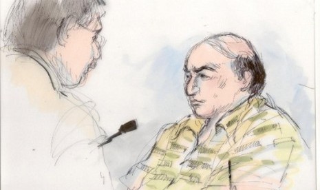 A courtroom sketch shows shows Mark Basseley Youssef (right) talking with his attorney Steven Seiden, left, in court in Los Angeles. Youssef received a one-year sentence Wednesday Nov. 7, 2012, in federal prison for parole violation. (file photo)