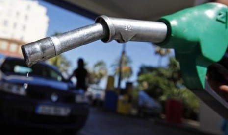 A customer uses a petrol nozzle to fill up his tank in a gas station in Nice August 27, 2012. 