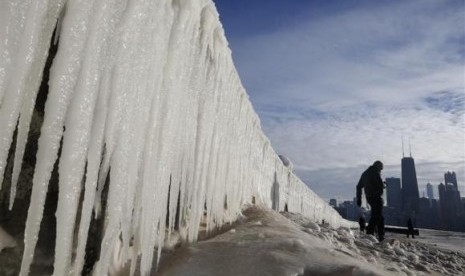 A man walks beside a frozen wall on a beach in Chicago, Illinois, January 7, 2014.