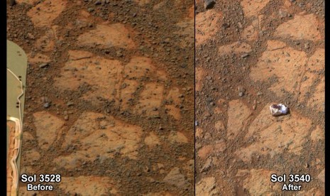 A NASA combination handout photograph shows the surface of Mars in front of the Mars rover on December 26, 2013 (left) and on January 8, 2014. 