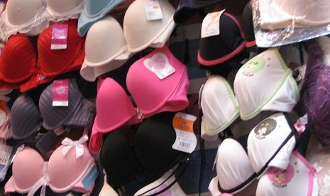 A selection of bras are on display in a retail store. (illustration)