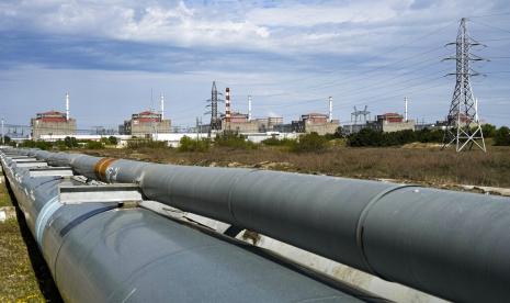 A view of the Zaporizhzhia Nuclear Power Station, in Enerhodar, Zaporizhzhia region, in territory under Russian military control, southeastern Ukraine, on May 1, 2022. The plant, that has been surrounded by Russian forces, lost power Wednesday morning, Oct. 12, 2022, when a Russian missile damaged a distant electrical substation, increasing the risk of radiation disaster, according to the plant