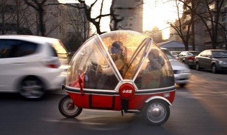 A woman and her son sit inside the capsule of an electric tricycle as they drive along a main road in central Beijing March 15, 2012.  