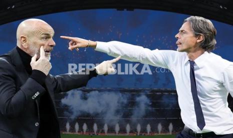 Pelatih AC Milan Stefano Pioli Vs pelatih Benevento Filippo Inzaghi (kanan).