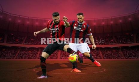 Striker AC Milan Olivier Giroud Vs striker Bologna Marko Arnautovic (kanan).