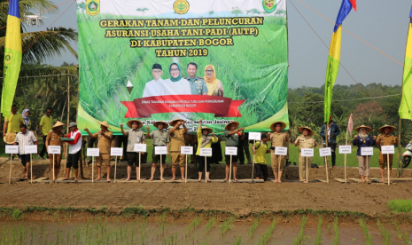 Acara gerakan tanam padi dan peluncuran program Asuransi Usaha Tani Pertanian (AUTP) di Jasingan, Bogor.