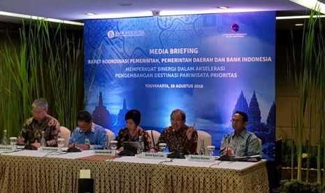 Acara media briefing Rakor Pemerintah Pusat, Daerah dan Bank Indonesia (BI) dalam Pengembangan Destinasi Pariwisata Prioritas di Yogyakarta, Selasa (28/8).