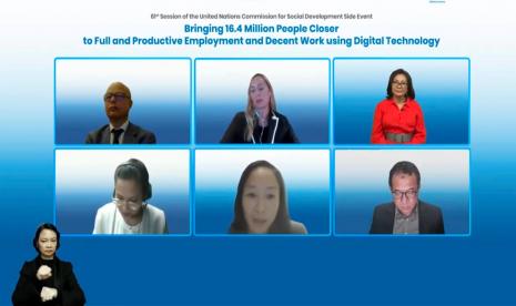 Acara pendukung Sidang ke-61 Komisi Pembangunan Sosial Perserikatan Bangsa-Bangsa (UN CSocD-61 PBB) yang digelar di New York, Amerika Serikat dalam webinar publik bertajuk Bringing 16.4 Million People Closer to Full and Productive Employment and Decent Work Using Digital Technology pada Jumat, 10 Februari 2023. 