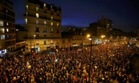 Aksi damai di Paris menyusul sejumlah aksi teror di Prancis beberapa hari terakhir, Ahad (11/1).