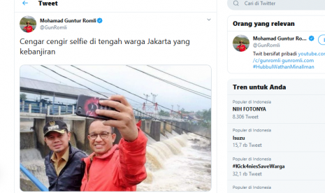 Akun @GunRomli mengunggah swafoto Anies-Bima.