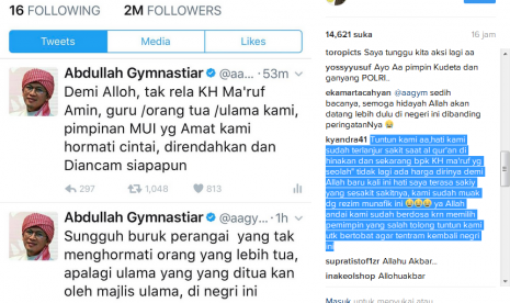 In his Instagram account, ustaz Abdullah Gymnastiar 'Aa Gym' express his feelings over Basuki Tjahaja Purnama rude statement against KH Ma'ruf Amin.