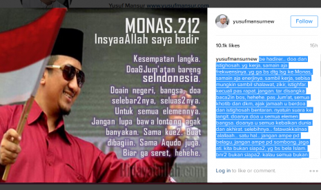 Akun Instagram Ustaz Yusuf Mansur yang memuat pesan niatnya untuk menghadiri aksi 2 Desember mendatang.