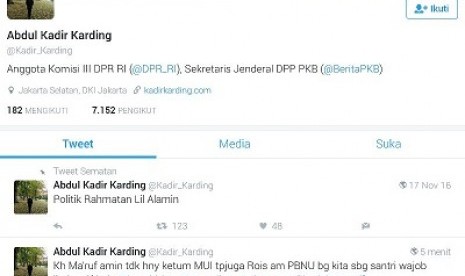 Akun Twitter milik anggota Komisi III DPR Abdul Kadir Karding. 