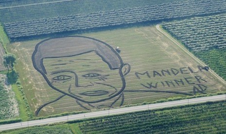 An Italian land artist Dario Gambarin shows his a gigantic portrait of former South African President Nelson Mandela, ploughed by Gambarin in a country field of 27,000 square meters, in Castagnaro, Italy. (file photo)