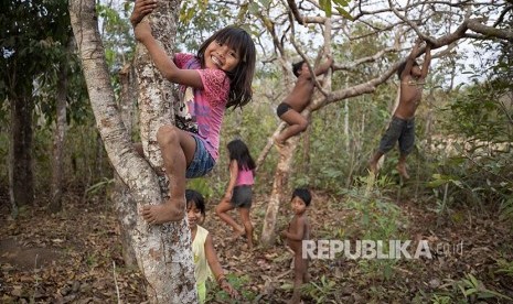 Anak-anak dari suku Nambikwara Sarare bermain di antara pepohonan di tenggara hutan Amazon, di negara bagian Mato Grosso, Brasil (ilustrasi). Seorang wanita suku Amazon terinfeksi virus corona.