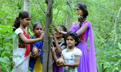 Anak-anak perempuan di Piplantri, India berkumpul di dekat pohon yang masih muda.