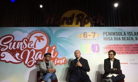 Anak Bangsa Juara dan Rajawali Indonesia menggelar konferensi pers Sunset Bali Music Fest di Jakarta pada Selasa (22/10).