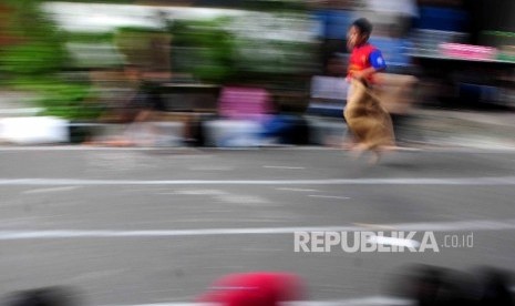 Anak mengikuti lomba balap karung dalam rangka hari kemerdekaan RI.