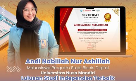 Andi Nabiilah Nur Ashiilah, mahasiswa Program Studi (prodi) Bisnis Digital Universitas Nusa Mandiri (UNM) meraih prestasi gemilang dengan menjadi lulusan terbaik dalam Studi Independen Skema Web dan Digital Marketing Developer Kelas WDMD 1 di PT Arkatama Multi Solusindo.