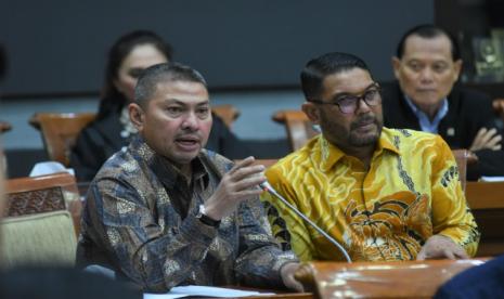 Anggota Komisi III DPR RI Mulfachri Harahap dalam Rapat Dengar Pendapat Komisi III DPR dengan Menko Polhukam, Mahfud MD selaku Ketua Komite Koordinasi Nasional Pencegahan dan Pemberantasan TPPU, dan Kepala PPATK Ivan Yustiavandana dan jajarannya pada Rabu (29/3/2023).